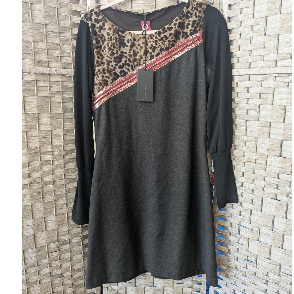 Save the Queen! Leopard Print Mixed Media Mini Shift Dress‎ Black Med Gothic NWT